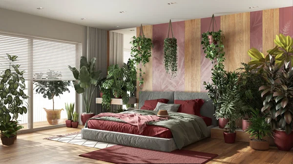 都市丛林 红色和木制色调的现代卧房 花束地板和大窗户 许多家庭植物 家庭花园室内设计 生物癖概念 — 图库照片