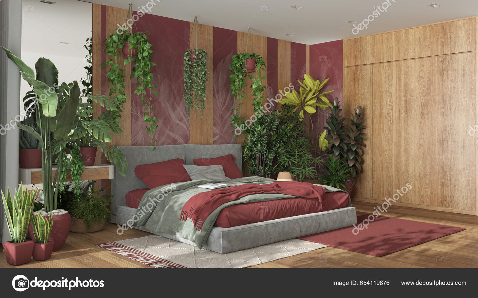 Hogar jardín dormitorio minimalista en tonos verdes y madera cama principal  suelo de parquet y muchos planos de casa