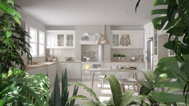 Orman iskeleti, biyofilik fikir. Beyaz İskandinav mutfağı ve yemek odası üzerinde tropik yapraklar. Kentsel orman iç tasarımı. Biyofili kavramı