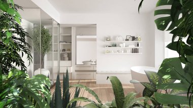 Orman iskeleti, biyofilik fikir. Modern beyaz banyonun üzerinde serbest küvetli tropik yapraklar. Kentsel orman iç tasarımı. Biyofili kavramı