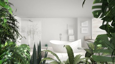 Orman iskeleti, biyofilik fikir. Modern, minimal beyaz banyo üzerinde serbest küvetli tropik yapraklar. Kentsel orman iç tasarımı. Biyofili kavramı