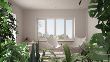 Orman iskeleti, biyofilik fikir. Tropik yapraklar İskandinav minimumum oturma odasının üzerinde, koltuklu. Kentsel orman iç tasarımı. Biyofili kavramı