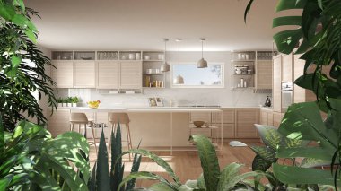 Orman iskeleti, biyofilik fikir. Modern beyaz mutfak ve yemek odasının üzerinde tropik yapraklar. Kentsel orman iç tasarımı. Biyofili kavramı