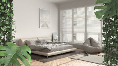 Orman çerçevesi, biyofilik kavram fikri iç tasarım. Modern yatak odasının üzerinde tropik yapraklar ve çift kişilik yatak. Cerpegia woodii ve Monstera Deliciosa bitkileri