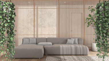 Orman çerçevesi, biyofilik kavram fikri iç tasarım. Oturma odasının üzerinde kadife kanepe ile tropikal yapraklar. Cerpegia Woodii asma bitkileri