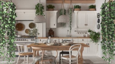 Orman çerçevesi, biyofilik kavram fikri iç tasarım. Çiftlik mutfağının üzerinde yemek masası olan tropik yapraklar. Cerpegia Woodii asma bitkileri