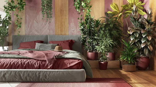 Home garden, minimal bedroom in red and wooden tones. Close-up, bed, parquet floor and many houseplants. Urban jungle interior design. Biophilia concept