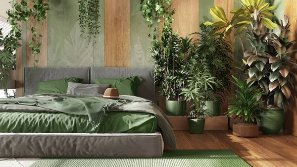 Hogar Jardín Dormitorio Minimalista Tonos Verdes Madera Primer Plano Cama — Foto de Stock