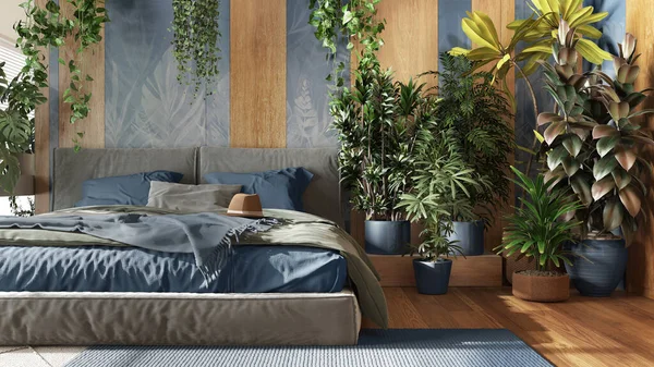 Home garden, minimal bedroom in blue and wooden tones. Close-up, bed, parquet floor and many houseplants. Urban jungle interior design. Biophilia concept