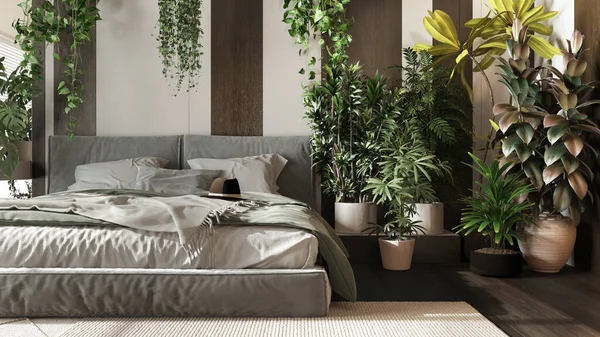 Home garden, minimal bedroom in white and dark wooden tones. Close-up, bed, parquet floor and many houseplants. Urban jungle interior design. Biophilia concept