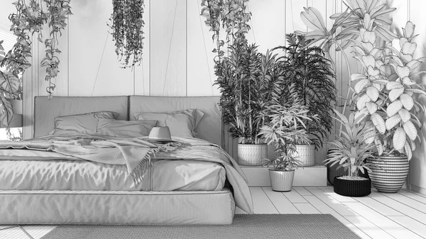 Схема Незавершенного Проекта Домашний Сад Минимальная Спальня Закрытие Кровать Паркетный — стоковое фото