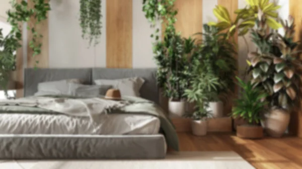 Unscharfer Hintergrund Hausgarten Minimales Schlafzimmer Großaufnahme Bett Parkettboden Und Viele — Stockfoto