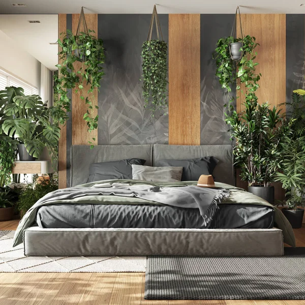 家花园 最小的卧室灰色和木制色调 主人的床 花束地板和许多家庭植物 城市丛林室内设计 生物癖概念 — 图库照片