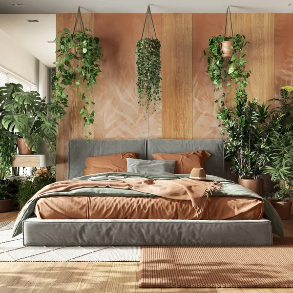 Home garden, minimal bedroom in orange and wooden tones. Master bed, parquet floor and many houseplants. Urban jungle interior design. Biophilia concept