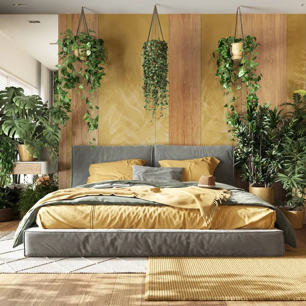 Home garden, minimal bedroom in yellow and wooden tones. Master bed, parquet floor and many houseplants. Urban jungle interior design. Biophilia concept