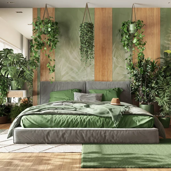 Hogar Jardín Dormitorio Minimalista Tonos Verdes Madera Cama Principal Suelo — Foto de Stock