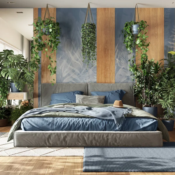 Bahçesi Mavi Ahşap Tonlarda Minimal Yatak Odası Ana Yatak Parke — Stok fotoğraf