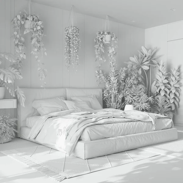 Общий Белый Проект Домашний Сад Минимальная Спальня Главная Кровать Паркетный — стоковое фото