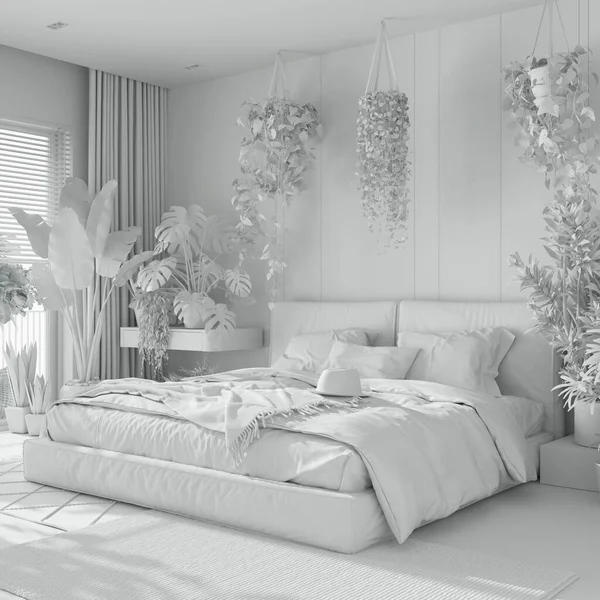 整个白色工程草案 家庭花园 最小的卧室 主人的床 花束地板和许多家庭植物 城市丛林室内设计 生物癖概念 — 图库照片