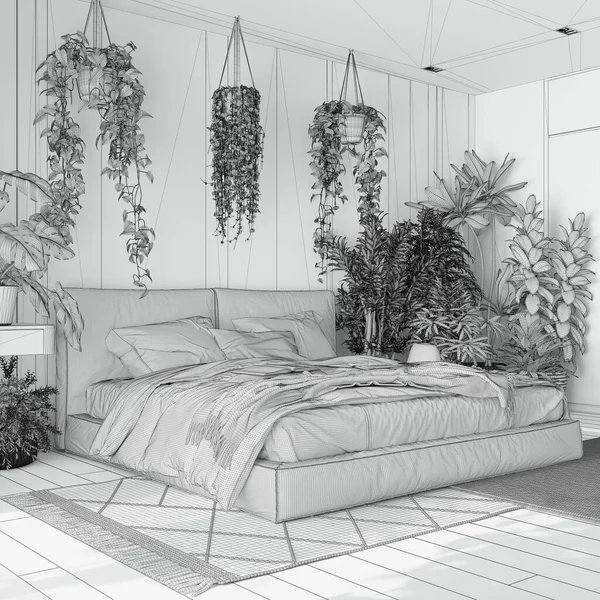 Σχέδιο Ημιτελές Σχέδιο Του Έργου Κήπο Στο Σπίτι Ελάχιστη Κρεβατοκάμαρα — Φωτογραφία Αρχείου