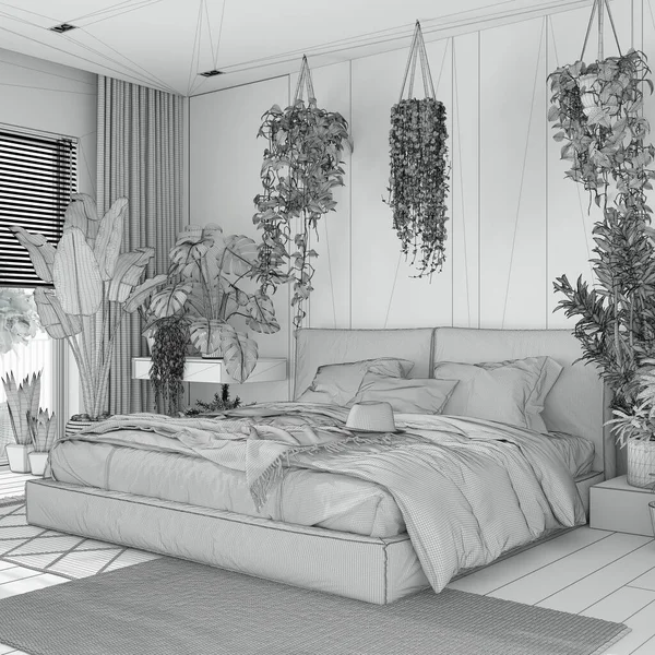 Blauwdruk Onafgewerkte Project Ontwerp Home Garden Minimale Slaapkamer Master Bed — Stockfoto