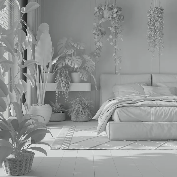 Σύνολο Λευκό Σχέδιο Έργου Κήπο Στο Σπίτι Ελάχιστη Κρεβατοκάμαρα Master — Φωτογραφία Αρχείου