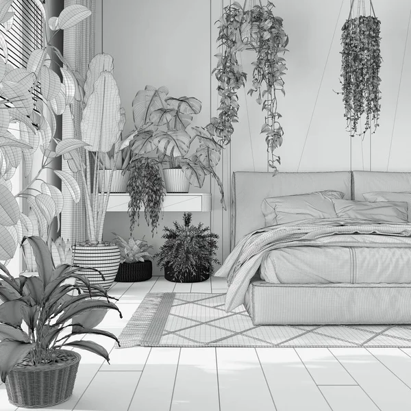 蓝图未完成的项目草稿 家庭花园 最小的卧室 主人的床 花束地板和许多家庭植物 城市丛林室内设计 生物癖概念 — 图库照片