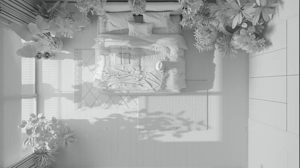 Totale Witte Project Ontwerp Home Garden Minimale Slaapkamer Master Bed — Stockfoto