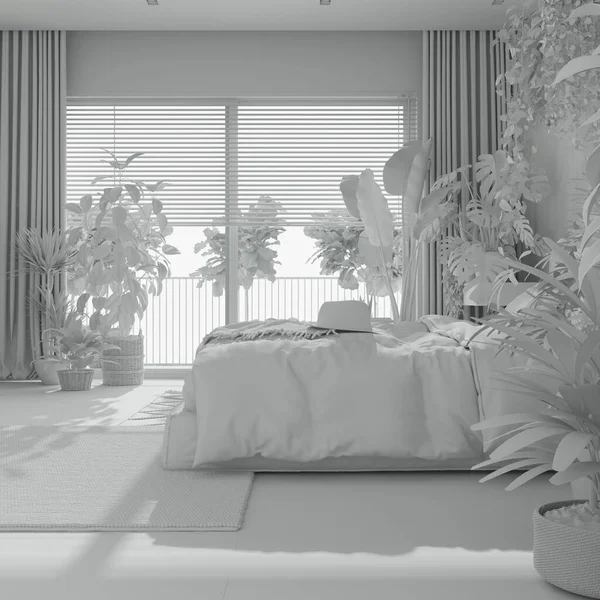 総白いプロジェクトの草案 ホームガーデン 最小限のベッドルーム マスターベッド 寄木細工の床と多くの観葉植物 都会のジャングルインテリアデザイン バイオフィリアの概念 — ストック写真