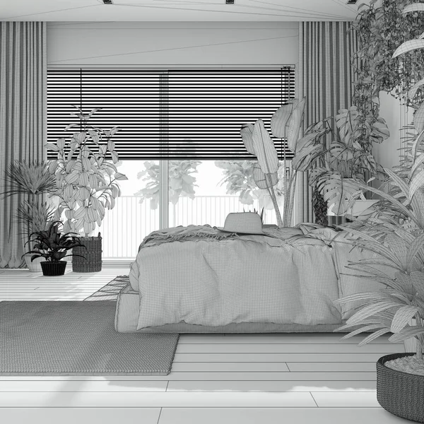 未完成の青写真プロジェクトの草案 ホームガーデン 最小限のベッドルーム マスターベッド 寄木細工の床と多くの観葉植物 都会のジャングルインテリアデザイン バイオフィリアの概念 — ストック写真