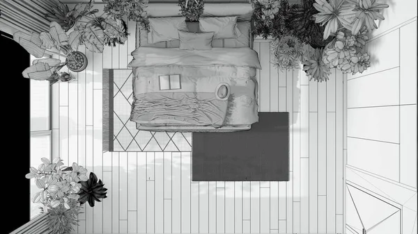 蓝图未完成的项目草稿 家庭花园 最小的卧室 主人的床 花束地板和许多家庭植物 城市丛林室内设计 生物癖概念 顶视图 — 图库照片