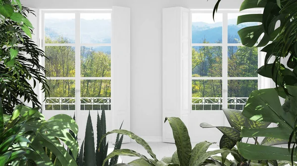 stock image Jungle frame, biophilic idea. Tropical leaves over empty room with window with shutters. Urban jungle interior design. Biophilia concept