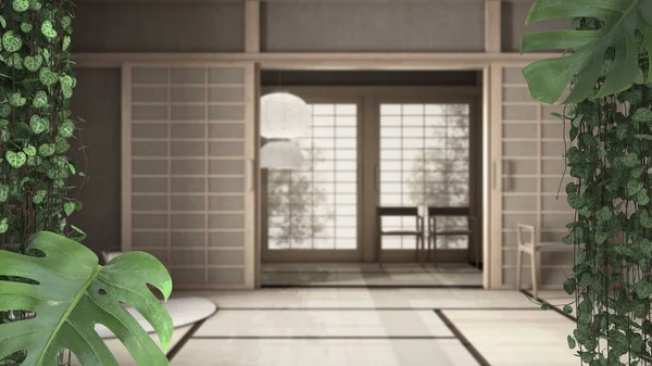 灌丛框架 生物情趣理念室内设计 热带树叶掠过现代日本客厅 菊花和苦瓜属植物 — 图库照片