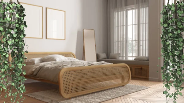 프레임 인테리어 디자인 지방의 침대가 침실을 나무에 매달려 페지아 — 스톡 사진
