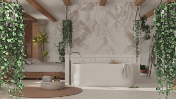灌丛框架 生物情趣理念室内设计 热带树叶带着浴缸和壁纸在Boho浴室上方 灯笼草吊挂植物 — 图库照片