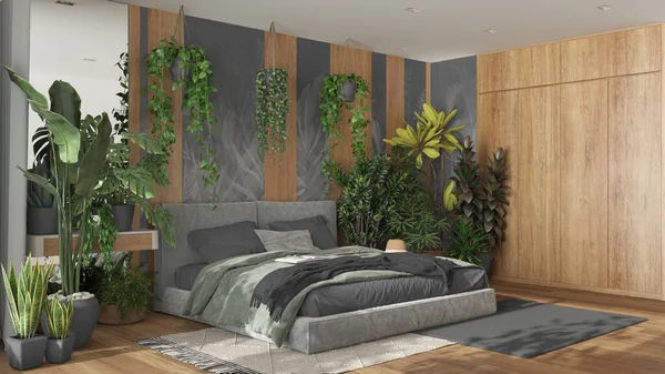 家花园 最小的卧室灰色和木制色调 天鹅绒双人床 花束地板和许多家庭植物 城市丛林室内设计 生物癖概念 — 图库照片