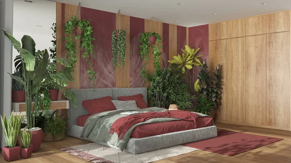 家花园 最小的卧室红色和木制色调 天鹅绒双人床 花束地板和许多家庭植物 城市丛林室内设计 生物癖概念 — 图库照片