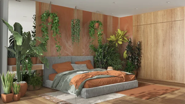 Home garden, minimal bedroom in orange and wooden tones. Velvet double bed, parquet floor and many houseplants. Urban jungle interior design. Biophilia concept