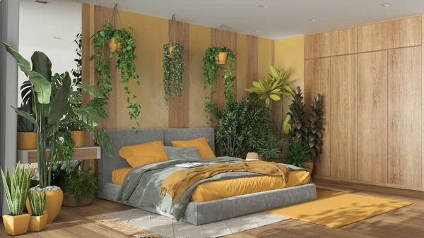 Home garden, minimal bedroom in yellow and wooden tones. Velvet double bed, parquet floor and many houseplants. Urban jungle interior design. Biophilia concept