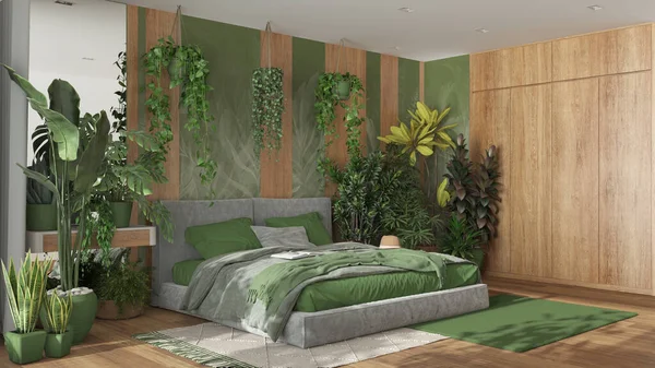 Home garden, minimal bedroom in green and wooden tones. Velvet double bed, parquet floor and many houseplants. Urban jungle interior design. Biophilia concept