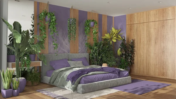 Home garden, minimal bedroom in purple and wooden tones. Velvet double bed, parquet floor and many houseplants. Urban jungle interior design. Biophilia concept