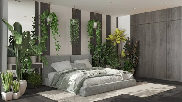 家花园 最小的卧室米色和黑暗的木色色调 天鹅绒双人床 花束地板和许多家庭植物 城市丛林室内设计 生物癖概念 — 图库照片