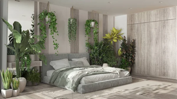 家庭花园 最小的卧室米色和漂白木色调 天鹅绒双人床 花束地板和许多家庭植物 城市丛林室内设计 生物癖概念 — 图库照片