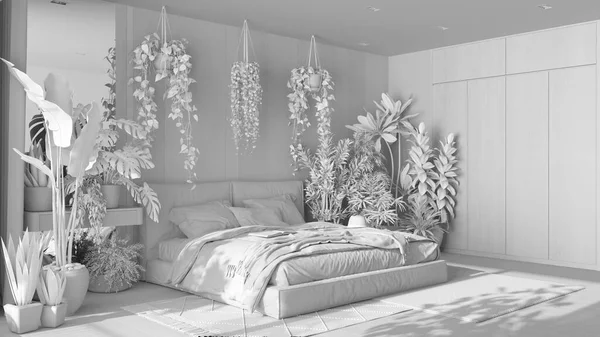 Całkowity Projekt Biały Domowy Ogród Minimalna Sypialnia Aksamitne Podwójne Łóżko — Zdjęcie stockowe