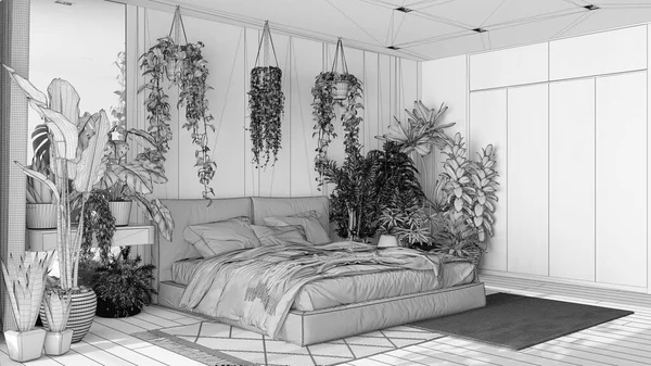 未完成の青写真プロジェクトの草案 ホームガーデン 最小限のベッドルーム ベルベットのダブルベッド 寄木細工の床と多くの観葉植物 都会のジャングルインテリアデザイン バイオフィリアの概念 — ストック写真
