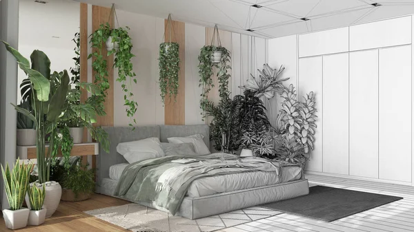 建筑师室内设计理念 手绘草稿的未完成项目 成为现实 家庭花园 最低卧室 城市丛林风格 生物癖概念 — 图库照片