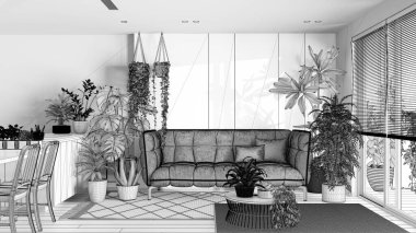 Tamamlanmamış proje taslağı, şehir ormanı, mutfak ve oturma odası. Yemek masası, parke zemin ve ev bitkileri. Ev bahçesi iç tasarımı. Bitki konsepti aşkı