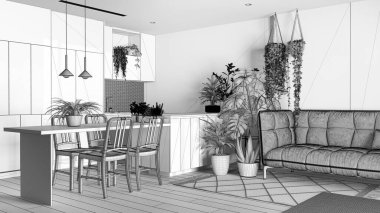 Tamamlanmamış proje taslağı, şehir ormanı, mutfak ve oturma odası. Yemek masası, kanepe ve çiçekleri. Ev bahçesi iç tasarımı. Biyofili kavramı