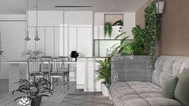 Mimar iç mimar konsepti: elle çizilmiş tamamlanmamış proje gerçek, kentsel orman, oturma odası ve yemek odası haline geliyor. Ev bahçesi tarzı. Biyofili kavramı