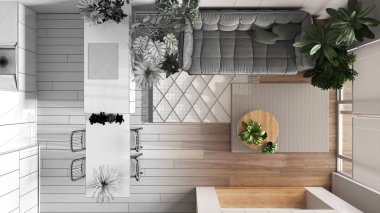 Mimar iç mimar konsepti: elle çizilmiş tamamlanmamış proje gerçek, şehir ormanı, mutfak ve oturma odası haline geliyor. Manzara, plan, yukarısı. Bitki konsepti aşkı